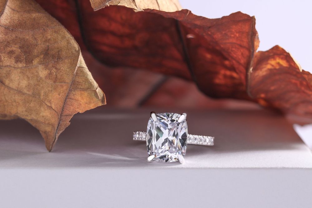 Elongated cushion-cut diamond solitaire with a pavé band in white gold beside autumn leaves